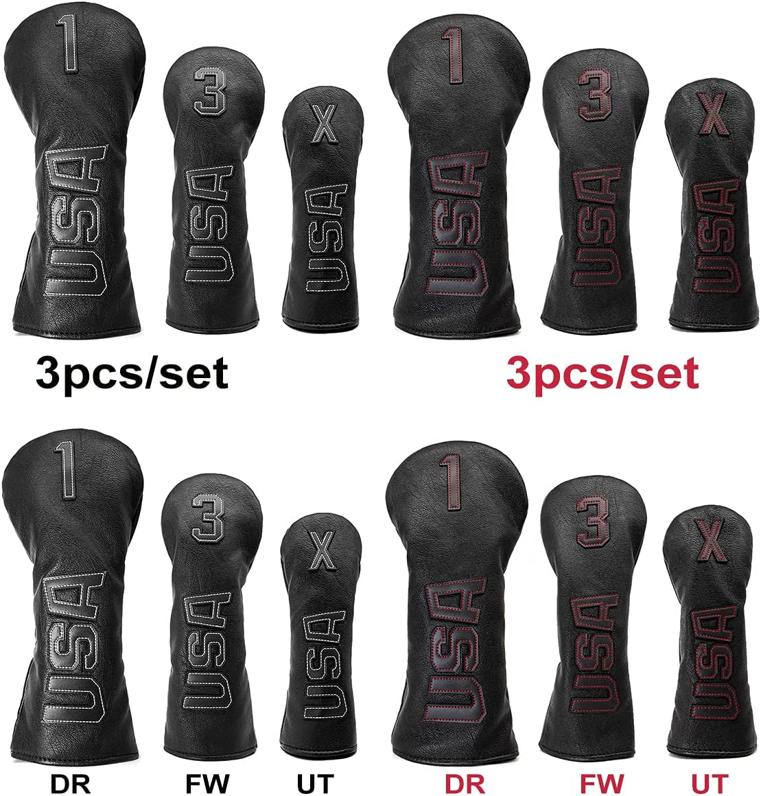 Golf Club Head Covers,Usa Golf Driver Headcover Fariway Wood Covers Hybrid Head Covers 3 Wood Headcover Leather Golf Headcover with Number Tag for All Brand